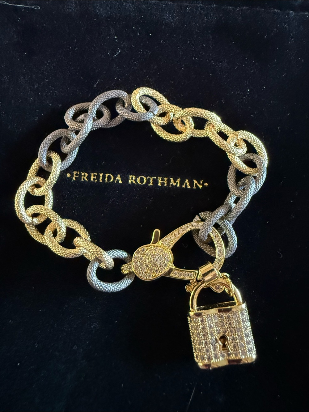 Freida Rothman Two-Tone Gold and Silver / Black Lock Charm Bracelet